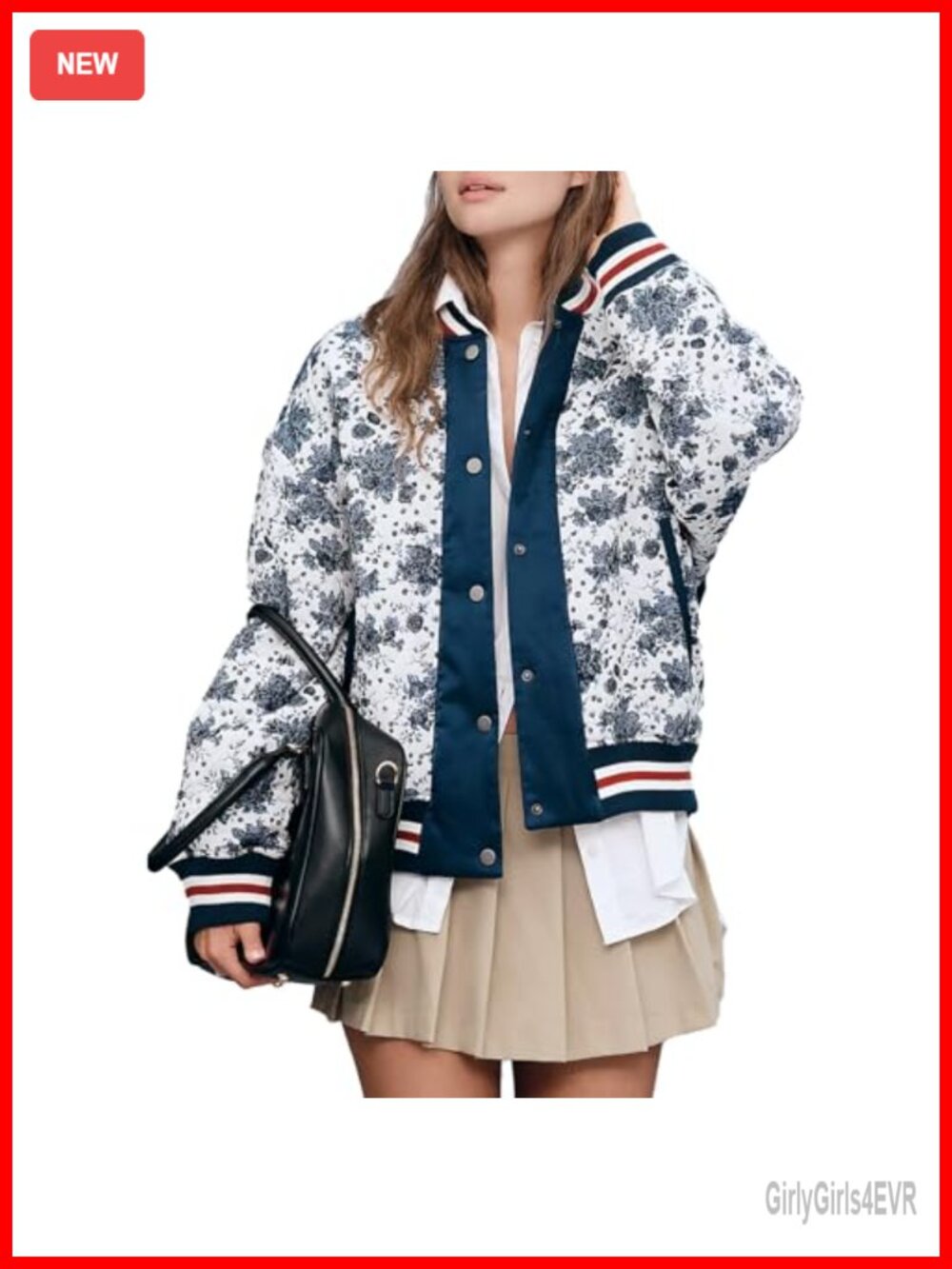 Women's Floral Print Puffer Varsity Baseball Jacket Lightweight Windbreaker